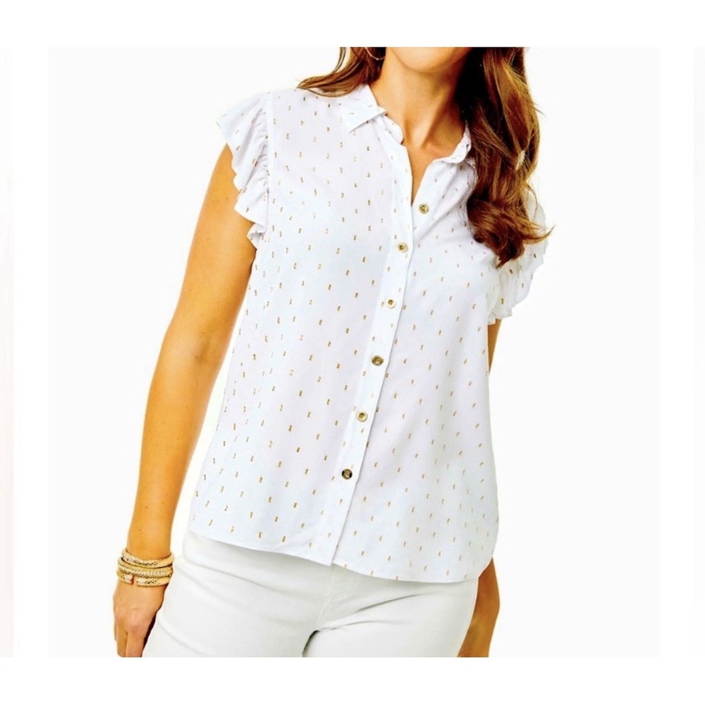 Lilly Pulitzer Branson Resort White‎ Metallic Clip Rayon Ruffle Sleeve M Preppy